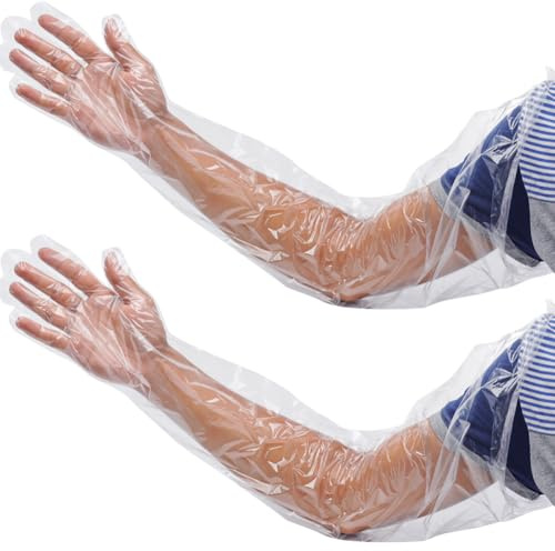 JIHUOO 50 Pcs Long Plastic Gloves Field Dressing Gloves Shoulder Length Gloves Veterinary Cleaning Gloves Full Arm Sleeve Gloves Clear