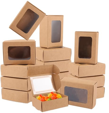 VIDETOL 100 Stück Cupcake Box aus Kraftpapier, 85 x 60 x 30 mm Keksschachtel mit Sichtfenster, Braune Geschenkbox für Dessert, Gebäck, Kuchen