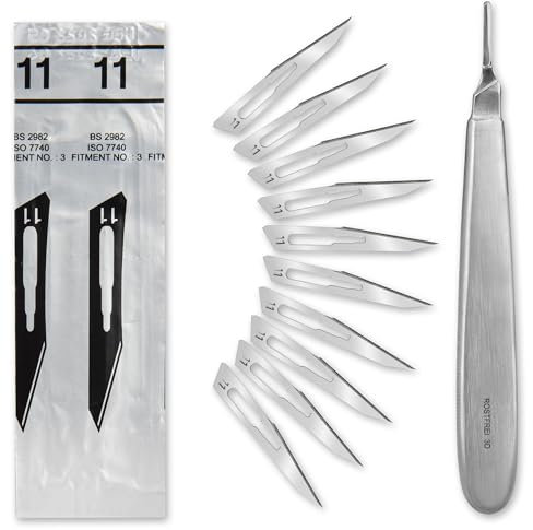 Set - 50 Stück sterile Skalpellklingen Figur 11 aus Karbonstahl - Ersatzklingen + 1 x Shehadeh - Skalpell-Halter mit 13,5 cm langem und bauchigen Griff - Edelstahl