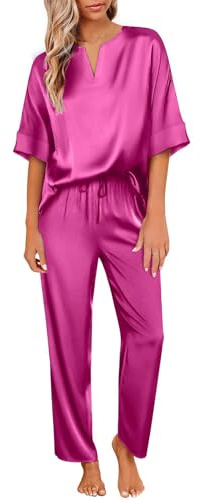 Ekouaer Pyjama Damen Kurz Seidenpyjama mit Kordelzug Kurzärmeliger Schlafanzug mit Langer Hose Loungewear Damen Set,Rosa,XL