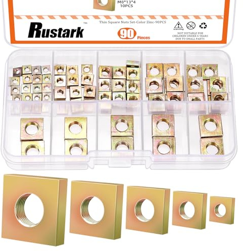 Rustark Kit surtido de 90 tuercas cuadradas M3 M4 M5 M6 M8 amarillo chapado en zinc métrico grueso máquina tuercas cuadradas para equipos electrónicos mecánicos