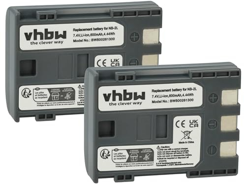 vhbw 2x batteria sostituisce Canon NB-2LH, NB-2L per videocamera camcorder (600mAh, 7,2V, Li-Ion)