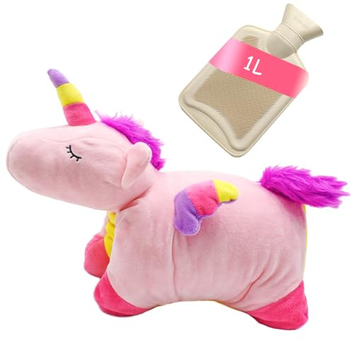 Cyiecw Unicorn Plüsch Wärmflasche Kuscheltier, 1 Liter Herausnehmbarer Innenbehälter Wärmflaschen Tier, Cartoon Fluffy Wärmflasche mit Bezug, Weiches Handwärmer für Kinder und Erwachsene