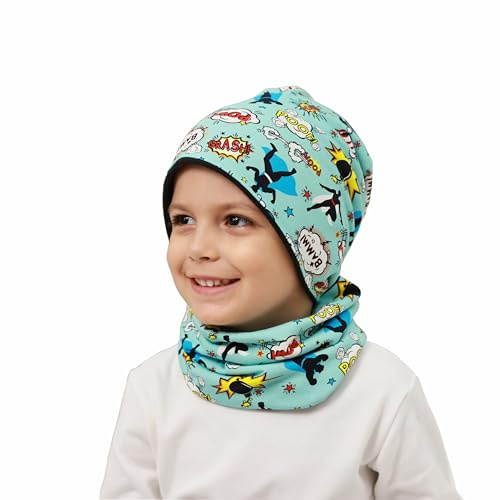 MAKFORT Kinder Beanie Mütze Schal Schlauchschal Set Baumwoll Loop Schal Junge Und Mädche Herbst Frühling Winter