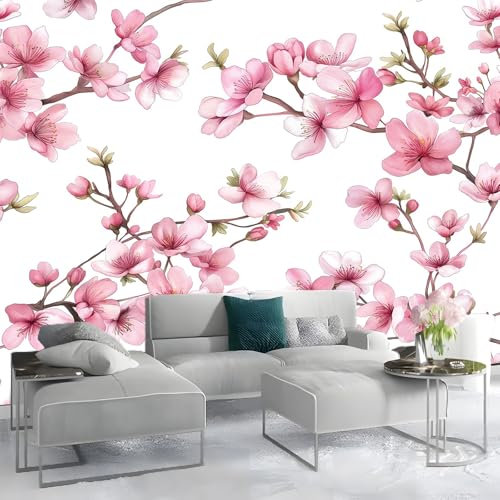 Fototapete 400 x 280 cm moderne Wandbild Wand Aquarell Kirschblüten Wohnzimmer Schlafzimmer Wandtapete Vlies Tapete UV-Beständig Geruchsfrei Montagefertig Weiß