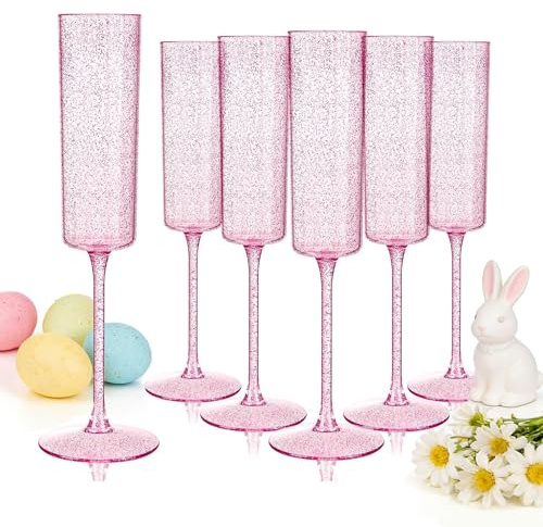 YOUBET 24 Pack Plastic Champagne Flutes - 6 Oz Rose Gold Glitter Disposable Champagne Glasses - Pink Square Plastic Wine Cups Wedding Toasting for Party Birthday Anniversary Easter Mothers Day