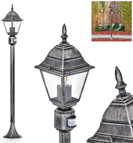 HOFSTEIN Wegeleuchte Naofe, Außenwegeleuchte mit Bewegungsmelder aus Metall/Glas in Schwarz/Silber/Klar, Wegelampe im Antik/Landhaus/Vintage/Design für Garten, Außenbereich, Hof, 116 cm, E27, IP44