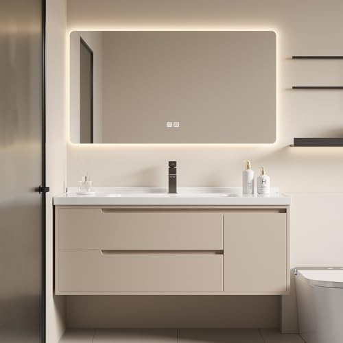 HDMOZUYT Lavandino sospeso per Il Bagno con Specchio a LED e mobiletto, lavabo da Parete, Moderno lavabo in Ceramica per Lavanderia, Garage, Stazione lavamani Portatile (71 cm/2