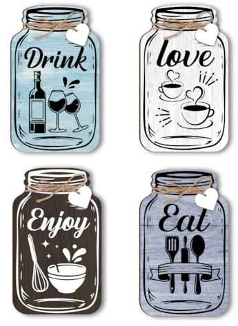 PH PandaHall 4pcs Jar Kitchen Wall Decor, Eat Drink Love Wooden Jar Sign Decor Kitchen Hanging Signs Dining Sign Farmhouse Eat Sign Board with Hemp Rope for Home Bar Cafe Decor, 15x9cm