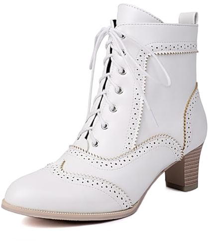 CRETUAO Bottines en Dentelle victoriennes Confortables à Bout Rond pour Femmes,Bottines de Mariage,de mariée,à Talon Chaton,pour Robe de soirée,Bottes à Lacets rétro à Talon Bas,4 White,43.5 EU