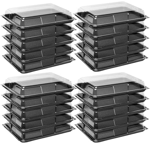 ZR SOLUTIONS Large Rectangular Food & Sandwich Platters with Lids – Durable Black Base Catering Trays for Cake, Buffet & Party Food, Reusable & (20)