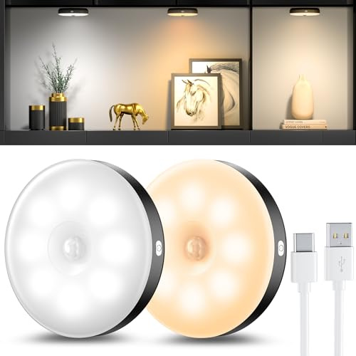 daphomeu 2 Pezzi Nero Luce Notturna LED con Sensore di Movimento, Lampada con Sensore di Movimento Interno Ricaricabile USB, 3 Temperature di Colore Per Corridoio, Scale, Armadio, Cucina