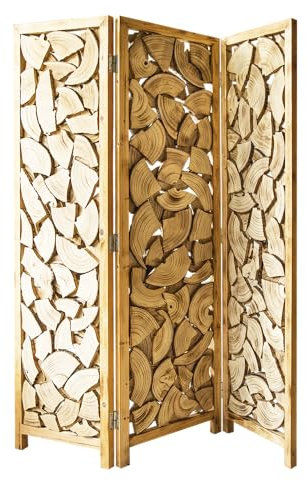 EME Biombo Árbol En Color Natural 180cmx150cm Plegable Separador de Ambientes 3 Paneles Separador de Estancia de Madera de Árbol Decoración Biombo Fácil Plegado y Estructura Resistente