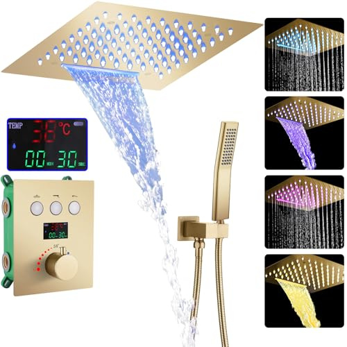 WRKMH Colonne Douche Encastrable Or Brossé, LED 64 Couleurs Colonne de Douche Thermostatique avec Affichage Numérique, Ensemble Douche avec 2 Fonctionnel Pommeau de Douche