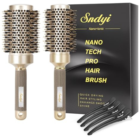 2 Pcs Rundbürste zum Föhnen,Haarbürste Rund mit Wildschweinborsten, Professionelle Rundbürste zum Stylen, Locken und Glätten von Sndyi - 53&43mm