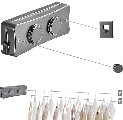 Moorstdel Wäscheleine Ausziehbar - Stahlseil Rostfrei Bis 5.1m, Tragfähig 44 lbs, Wäscheleine Ausziehbar Wand, Ideal für Balkon, Bad & Camping (Grau)