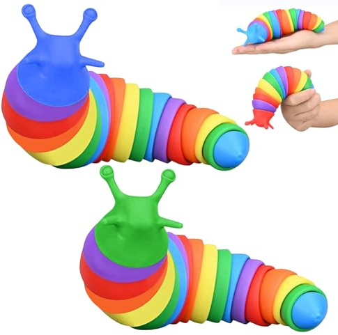Uncle Yang 2 Stück Regenbogen Raupe Fidget Toy - Flexibles ABS Stressabbau Spielzeug für Kinder & Erwachsene - Sensorisches Lernspielzeug mit Klickgeräusch, 18.5 cm Anti-Stress Schnecke