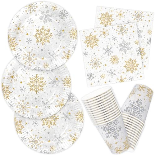 HNH Lot de 52 Assiettes en papier de Noël Flocon de neige avec Serviettes et Gobelets en papier jetable Vaisselle de fête