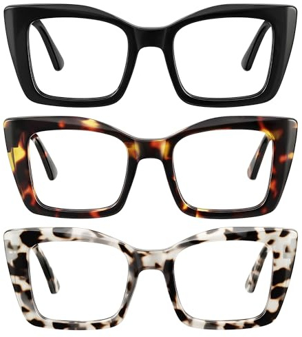 kunchu 3 Pack Reading Glasses for Women Oversized Square Reading Glasses Blue Light Blocking Spring Hinge Readers(MIX,2.0x)