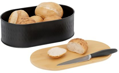 Relaxdays Panera con Tabla de Cortar, Tapa de bambú, Metal, HxWxD: 12 x 33,5 x 18 cm, Caja para Pan, Negro/Natural