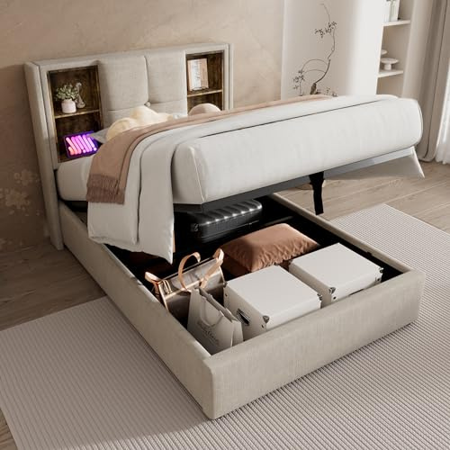Merax Polsterbett Jugendbett Stauraumbett 90x200cm, Einzelbett mit Hydraulisch Stauraum, Kabellosem Laden USB C, Bettgestell mit Lattenrost, Ohne Matratze, Leinen Natural