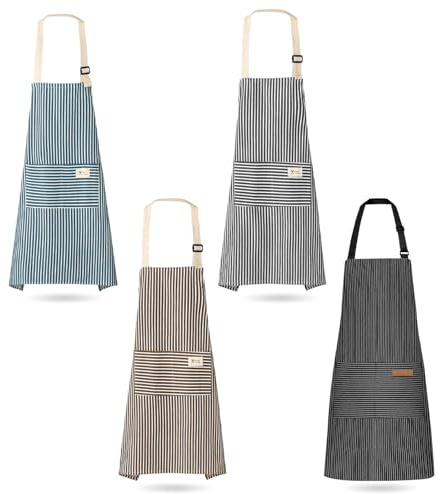 Meunhy Kitchen Aprons for Women Men, 4 PCS Adjustable Stripel Aprons for Cooking with Large Pockets, Unisex Kitchen Cooking Apron Chef Bakers Apron for Baking, Gardening, BBQ, Household Cleaning