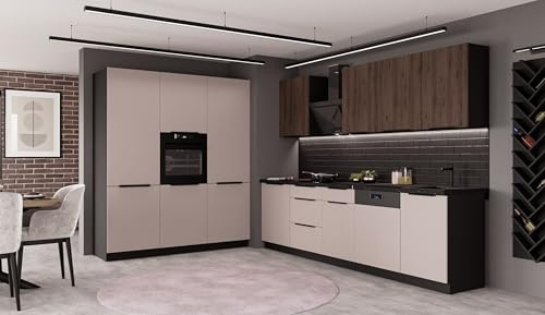 Kuechen-preisbombe Küche Arona + Monza 280 + 180 cm Küchenzeile Küchenblock Einbauküche Kaschmir beige matt + Nußbaum + Schwarz matt