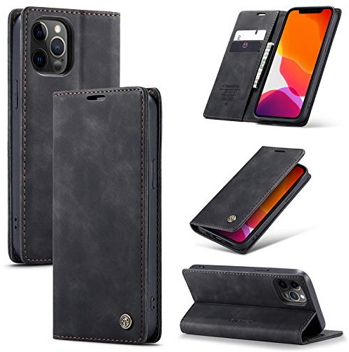 owlhold iPhone 12 Pro Max hülle klapphülle Premium Lederhülle Weiches Vintage-Nubukleder Faltbare Ständer Schutzhülle Kartenfach Standfunktion stoßfest Handyhülle iPhone 12 Pro Max -Schwarz