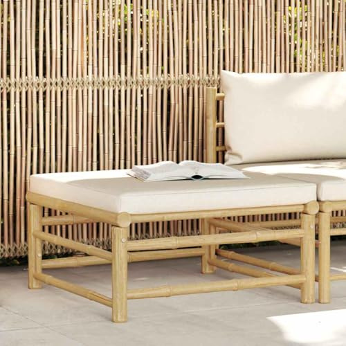 Hoopleep Garten-Fußhocker mit Kissen, Cremeweiß, Bambus, 65x65x30 cm, robust für Terrasse, Outdoor-Möbel, modular, für Balkon und Außenbereich