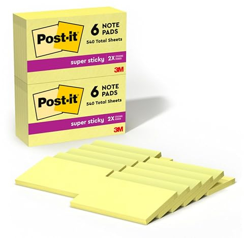 Post-it Super Sticky Notes, 12 Sticky Note Pads, 3 x 5 in., School Supplies, Office Products, Sticky Notes for Vertical Surfaces, Monitors, Walls and Windows, Canary Yellow