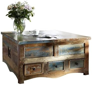 MASSIVMOEBEL24.DE Nature of Spirit Couchtisch/Truhe 100x100cm Indisches Altholholz, Farbe:Mehrfarbig lackiert, Größe:100x100 cm