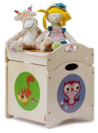Dida - I Troncotti, Spielzeugaufbewahrungspouf und Sitz für Kinder, Holzwürfel mit Rädern und stapelbarem Deckel, Waldtiermotive: Eichhörnchen, Stinktier und Eule, Ideal für Kinderzimmer