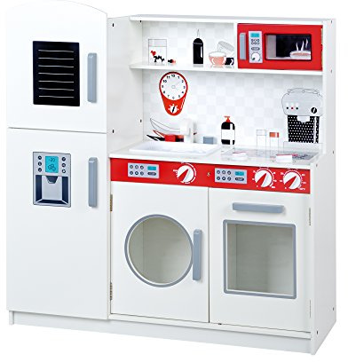 roba Grande Cuisine Enfant en Bois - Plaque de Cuisson + Micro-Ondes + Réfrigérateur + Lave-Linge et Autres - Gris / Blanc