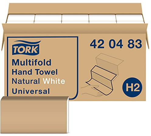 Tork Multifold Hand Towel, Natural White, H2, Universal, 3-Panel, Disposable, 100% Recycled Fibers, 1-Ply, 16 x 250 Sheets, 420483