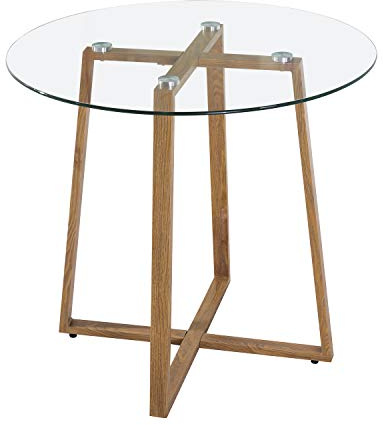 EGGREE Mesa de Cristal Redonda Mesa de Comedor Nordica Moderna, Patas de Metal Acabado de Roble, 80 x 75 cm
