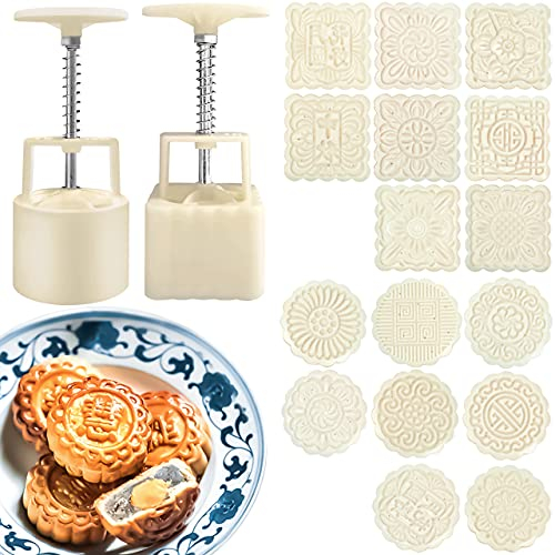 AIKEFOO Chinese Traditional Mid-Autumn Mooncake Mold，Biscuit Stamping Machine，18 pcs 100g/125g Different Round And Square Flower Pattern For 2 Sets.