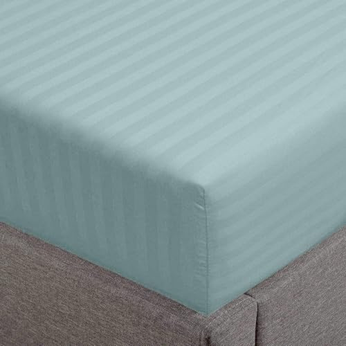Feather & Stitch 1 Piece Fitted Sheet Queen Size, 100% Cotton Damask Sateen Weave, Striped Breathable, Stretchable Elastic Sheet for Mattress 18 inch Deep Pocket, 500TC Premium Ultra Soft - Green