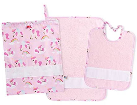 Filet - Set Asilo 3 Pezzi | Sacchetto, Bavaglino e Asciugamano in coordinato | Cotone e Spugna di alta qualità |Inserto in tela aida da ricamare | Stampa Unicorni su fondo rosa