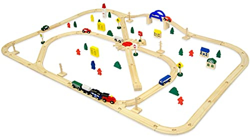 messefix 96 Teile XXL Holzeisenbahn Set - 6m Eisenbahn mit Schienen - Holz Eisenbahn Kinder Zug Spielzeug - Holzspielzeug Zug Holzzug Set - Holzeisenbahn für Kinder - Holzschienen Eisenbahn Zubehör