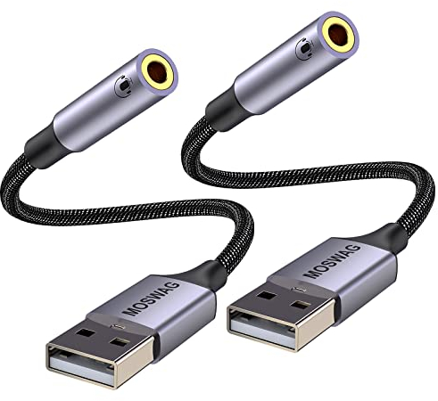 MOSWAG USB to Audio Jack Adapter (2 Pack),External Sound Card Jack Audio Adapter with 3.5mm Aux Stereo Converter Compatible with Headset,PC,Laptop,Linux,Desktops,PS4 and More Device