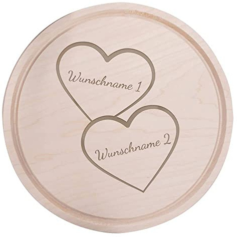 Deitert Frühstücksbrettchen mit Name oder Wunschtext graviert - Holzbrett Geschenk für Valentinstag, Hochzeit, Geburtstag für Frauen/Männer - Schneidebrett Holz Rund, 28 cm Ø, 2 Herzen Gravur