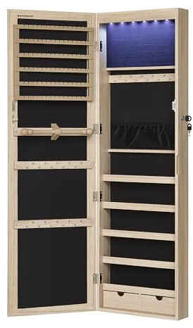 SONGMICS Hängande smyckesskåp, väggspegel, 6 LED-lampor, låsbart spegelskåp, väggskåp, väggmontering, hängande på dörr, ekfärgad, JJC093M01