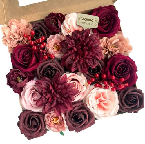 Roses Artificial Flowers Burgundy Silk Dahlia Bulk for DIY Wedding Bouquets Bridal Shower Decorations Fake Floral Arrangements Faux Flower Centerpieces for Table Home Decor Indoor Red Mauve Box 23pcs