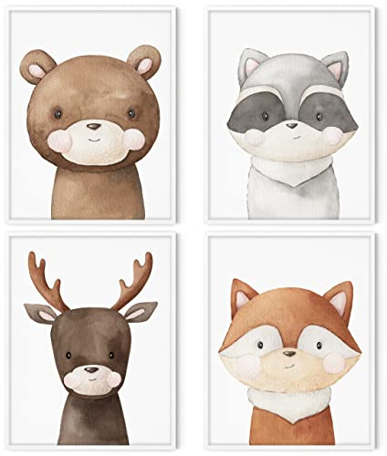 HappyArts® | Kinderzimmer Bilder A4 Poster 4er Set Deko Mädchen Junge Babyzimmer | Handgemalte Skandinavische Tiere Fuchs Reh Waldtiere OHNE RAHMEN