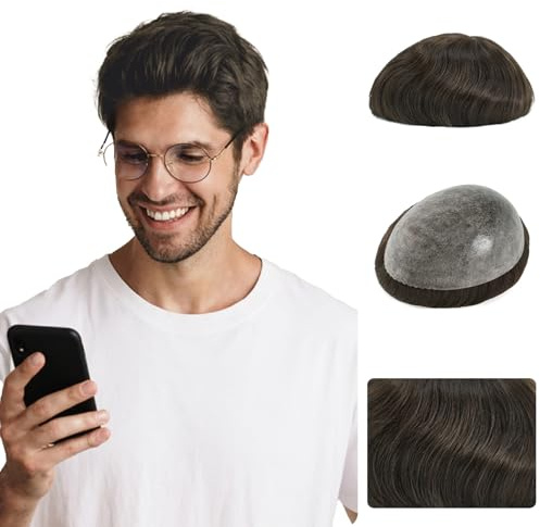 Zakya Hair System for Men Thin Skin Men's Toupee 100% Human Hair Men's Hairpieces 8x10 Inches Base Size Hair Replacement System for Men (Medium Dark Brown 4#)
