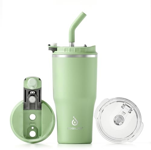 Ideus Isolierbecher 18oz (540ml), Doppelwandige Kaffeetasse Edelstahl Kaffeebecher Reisebecher mit auslaufsicherer Abdeckung und Stroh, geeignet für heiße und kalte Getränke (Grün)