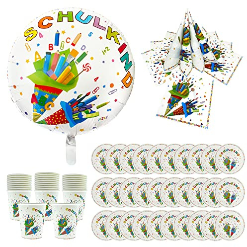 Oblique Unique® Schuleinführung Schulanfang Einschulung Deko Set - Folienballon “Schulkind” + 40 Servietten + Pappteller + Pappbecher (Bunt - Set mit 30x Pappteller + 30x Pappbecher)