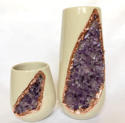 Cream and Gold Ceramic Vase/Planter/Pot/Wine Goblet/Mug with Purple Amethyst Semi - Precious Agate Crystal Gemstones |Large(Height 8 inch), (Rose Gold - Finish)