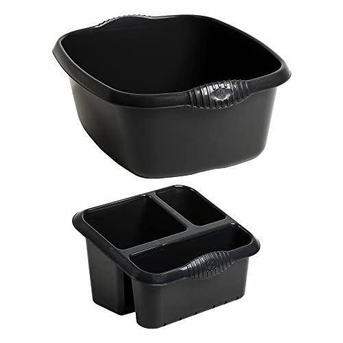 Set of Large High-Grade Plastic Sink Tidy Drainer Kitchen Caddy with 39cm Rectangular Washing up Bowl Cleaning Organiser 3 Compartment Sponge, Brush, Kitchen Utensils Holder (Midnight Greyish)