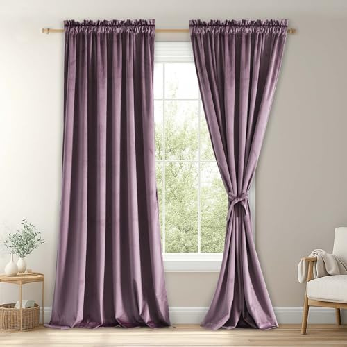 JIUZHEN Lavender Velvet Curtains 90 inches for Living Room - Privacy Protect Room Darkening Rod Pocket Thick Velvet Window Drapes for Bedroom/Dining Room, Set of 2 with Tiebacks, W42 x L90 inches